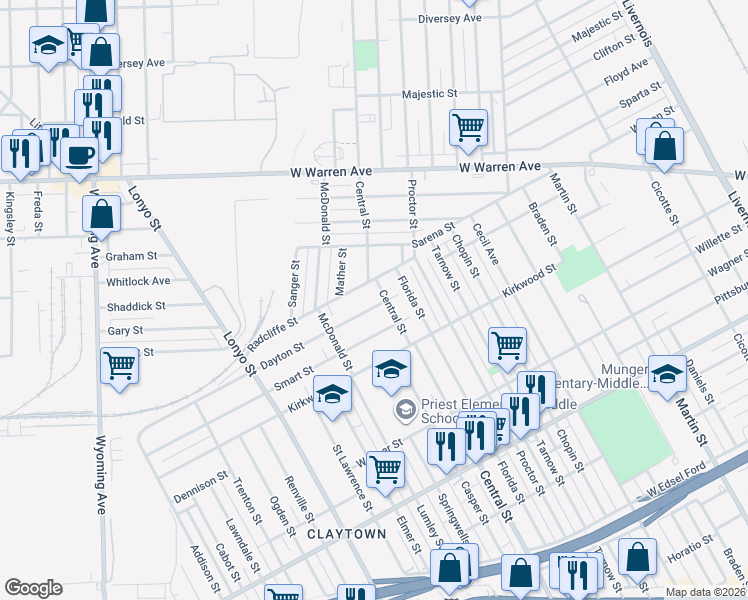 map of restaurants, bars, coffee shops, grocery stores, and more near 7720 Dayton Street in Detroit