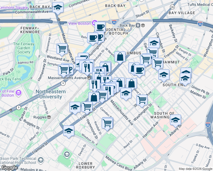 map of restaurants, bars, coffee shops, grocery stores, and more near 212 West Springfield Street in Boston