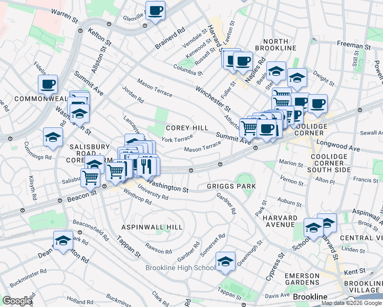 map of restaurants, bars, coffee shops, grocery stores, and more near 19 Mason Path in Brookline