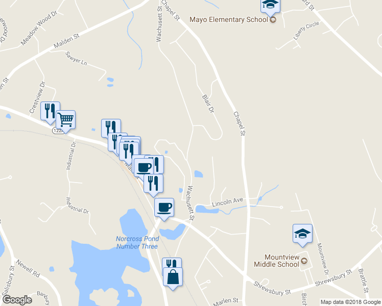 map of restaurants, bars, coffee shops, grocery stores, and more near 110 Wachusett Street in Holden