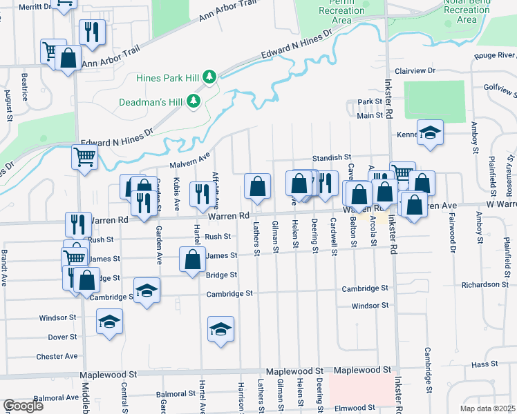 map of restaurants, bars, coffee shops, grocery stores, and more near 28250 Warren Road in Westland
