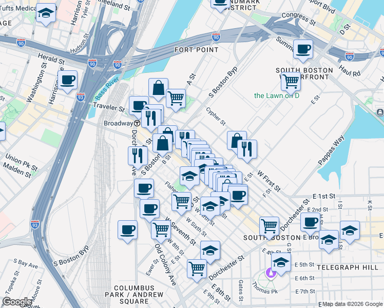 map of restaurants, bars, coffee shops, grocery stores, and more near 166 Athens Street in Boston