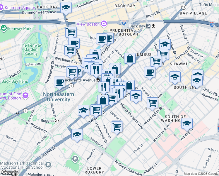 map of restaurants, bars, coffee shops, grocery stores, and more near 586 Columbus Avenue in Boston