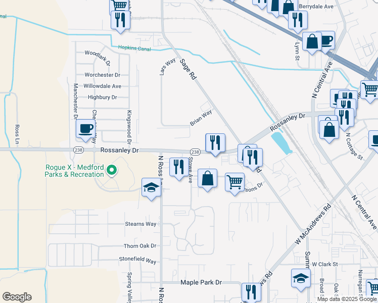 map of restaurants, bars, coffee shops, grocery stores, and more near 599 Rossanley Dr in Medford