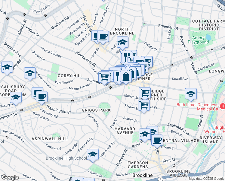 map of restaurants, bars, coffee shops, grocery stores, and more near 89 Marion Street in Brookline
