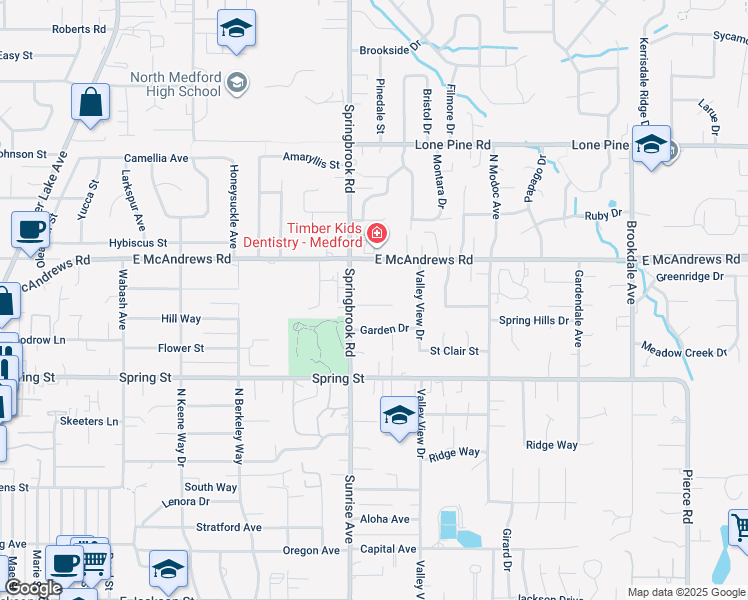 map of restaurants, bars, coffee shops, grocery stores, and more near 2596 East McAndrews Road in Medford