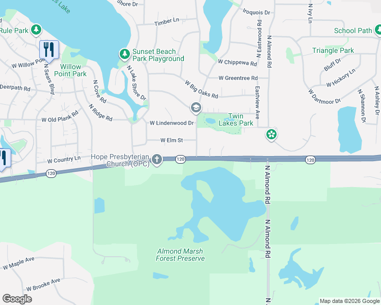 map of restaurants, bars, coffee shops, grocery stores, and more near 18120 Belvidere Road in Gages Lake