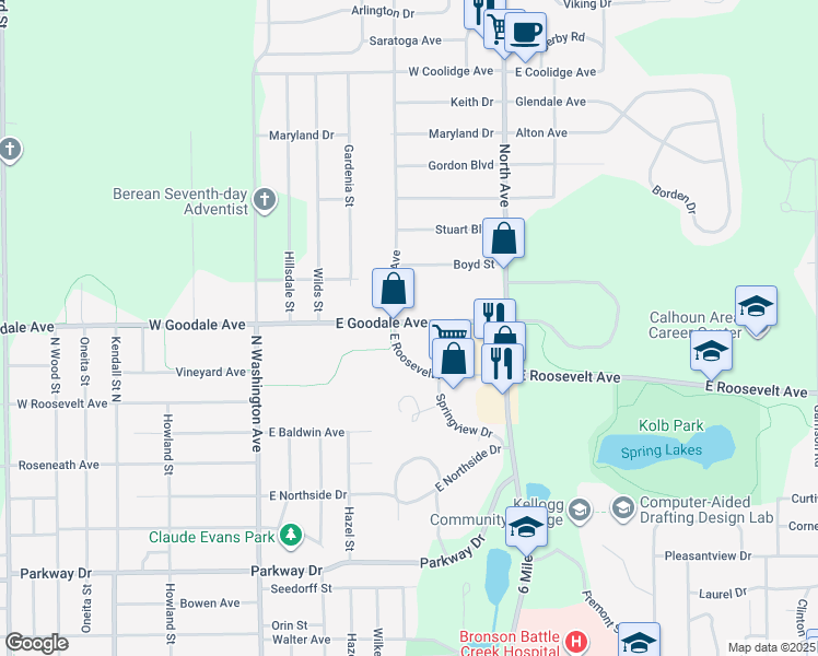 map of restaurants, bars, coffee shops, grocery stores, and more near 146 Battle Creek Linear Park in Battle Creek
