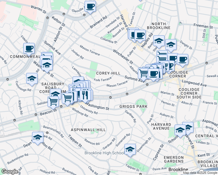 map of restaurants, bars, coffee shops, grocery stores, and more near in Brookline