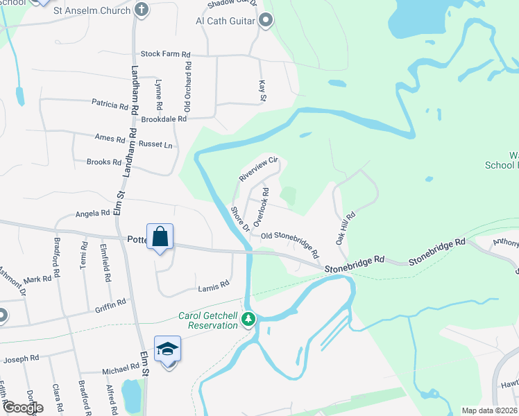 map of restaurants, bars, coffee shops, grocery stores, and more near 18 Overlook Road in Wayland