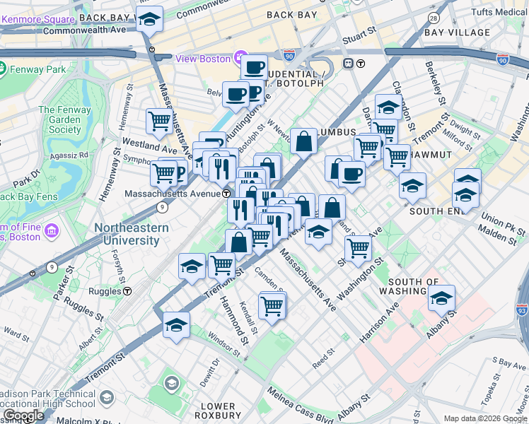 map of restaurants, bars, coffee shops, grocery stores, and more near 566 Columbus Avenue in Boston
