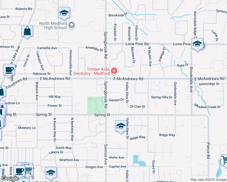 map of restaurants, bars, coffee shops, grocery stores, and more near 2596 East McAndrews Road in Medford