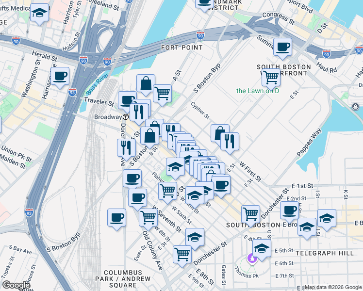 map of restaurants, bars, coffee shops, grocery stores, and more near 166 Athens Street in Boston