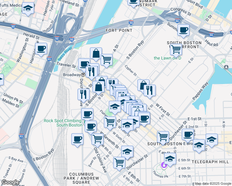map of restaurants, bars, coffee shops, grocery stores, and more near 166 Athens Street in Boston