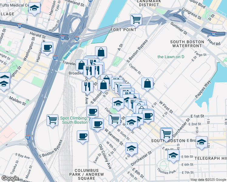 map of restaurants, bars, coffee shops, grocery stores, and more near 157 West Broadway in Boston