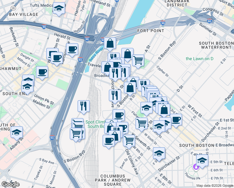 map of restaurants, bars, coffee shops, grocery stores, and more near 10 West Fifth Street in Boston