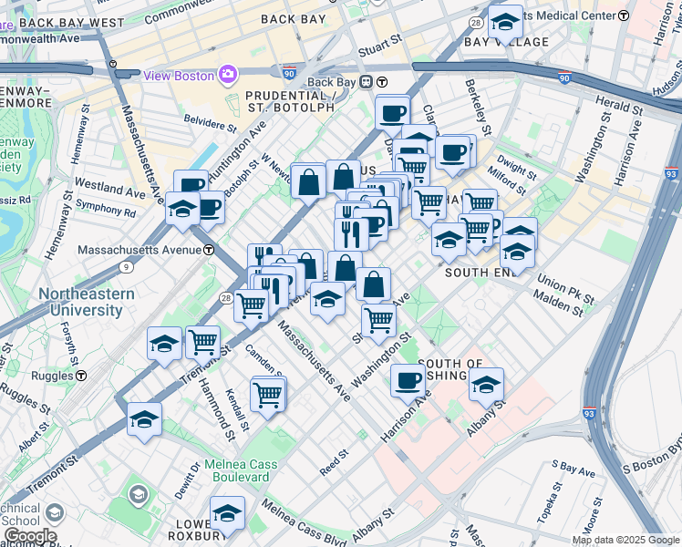 map of restaurants, bars, coffee shops, grocery stores, and more near 708 Tremont Street in Boston