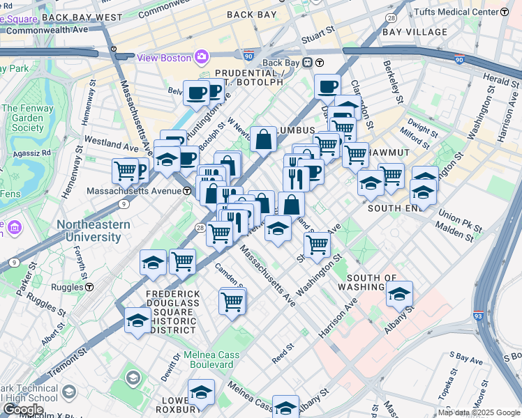 map of restaurants, bars, coffee shops, grocery stores, and more near 4 Concord Place in Boston
