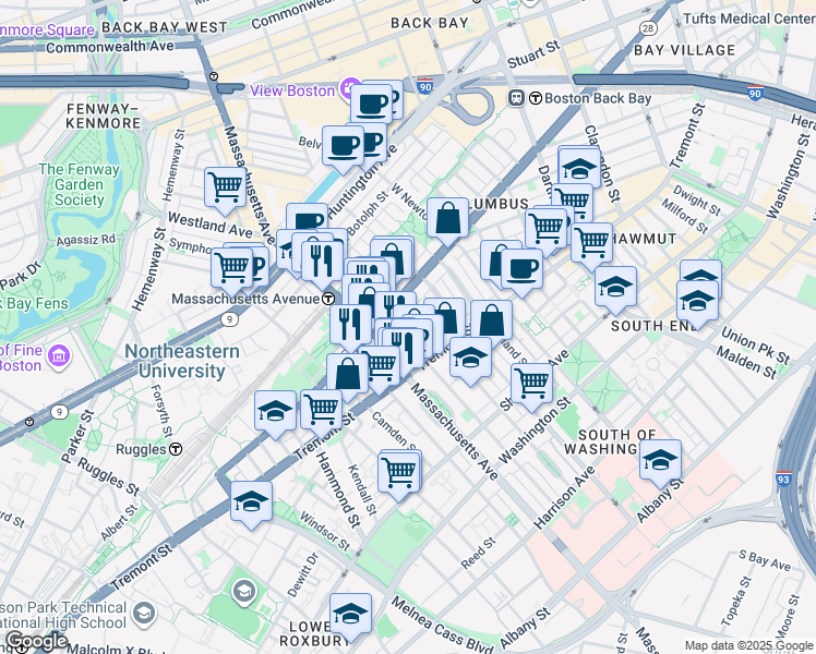 map of restaurants, bars, coffee shops, grocery stores, and more near 212 West Springfield Street in Boston