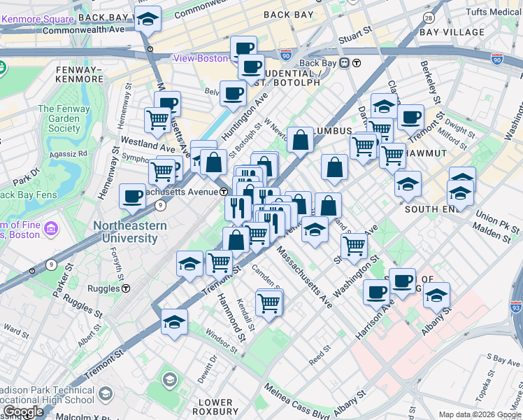 map of restaurants, bars, coffee shops, grocery stores, and more near 212 West Springfield Street in Boston