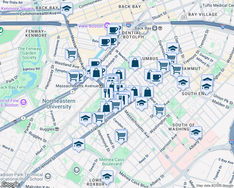 map of restaurants, bars, coffee shops, grocery stores, and more near 212 West Springfield Street in Boston