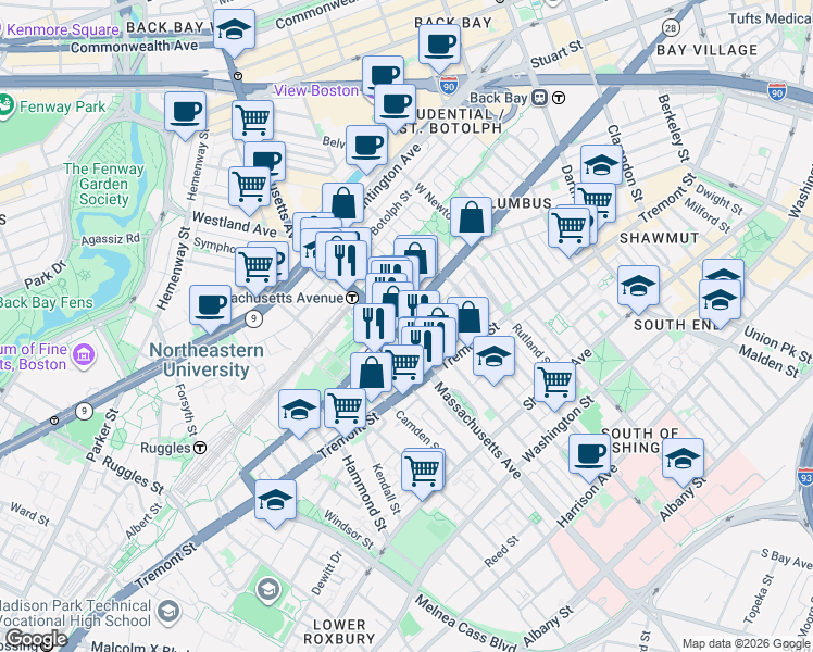 map of restaurants, bars, coffee shops, grocery stores, and more near 586 Columbus Avenue in Boston