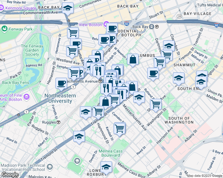 map of restaurants, bars, coffee shops, grocery stores, and more near in Boston