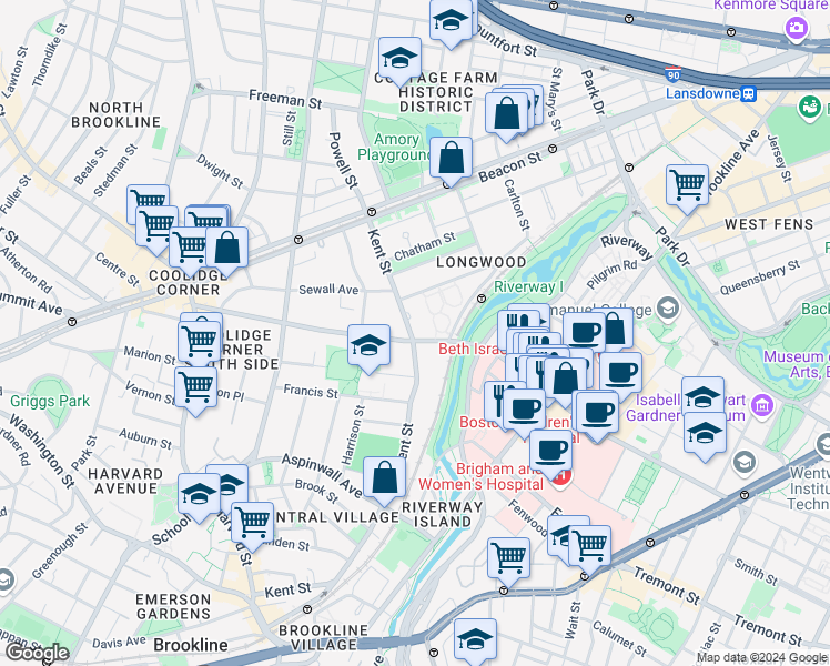 map of restaurants, bars, coffee shops, grocery stores, and more near in Brookline