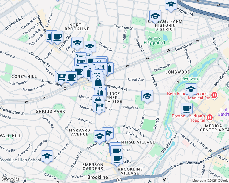 map of restaurants, bars, coffee shops, grocery stores, and more near 20 Stearns Road in Brookline