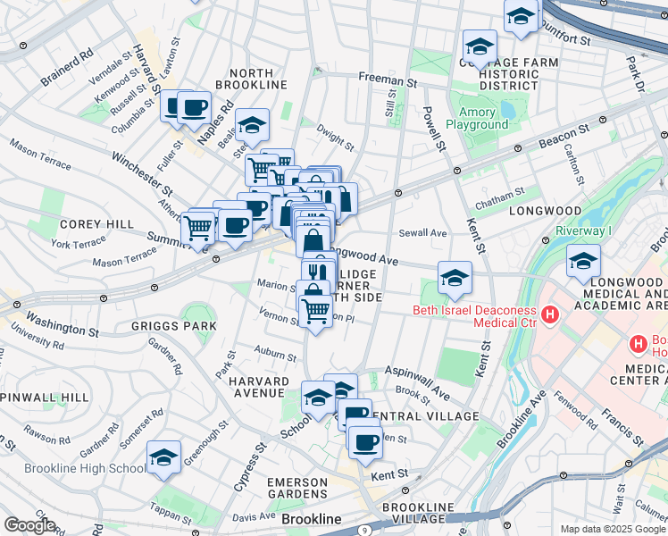 map of restaurants, bars, coffee shops, grocery stores, and more near 20 Stearns Road in Brookline
