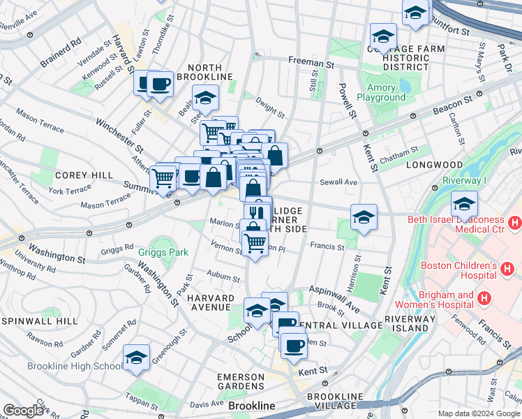 map of restaurants, bars, coffee shops, grocery stores, and more near in Brookline