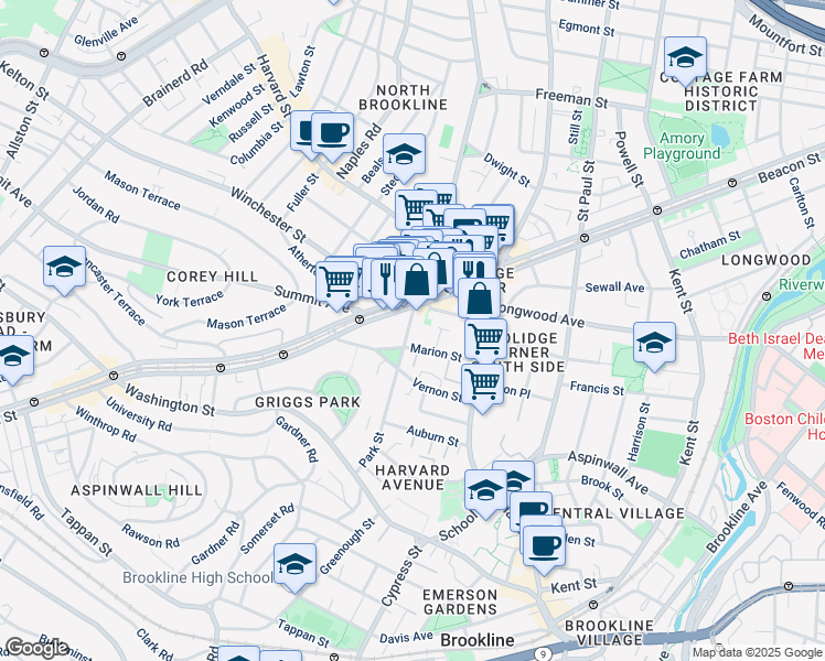 map of restaurants, bars, coffee shops, grocery stores, and more near in Brookline