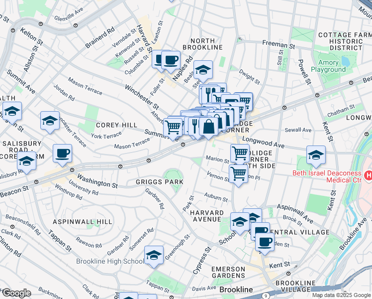 map of restaurants, bars, coffee shops, grocery stores, and more near 89 Marion Street in Brookline