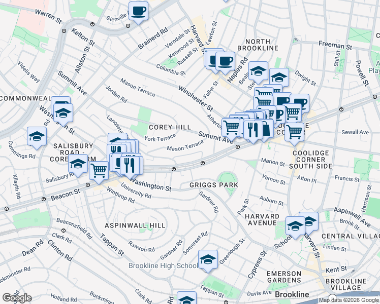map of restaurants, bars, coffee shops, grocery stores, and more near 77 Mason Terrace in Brookline