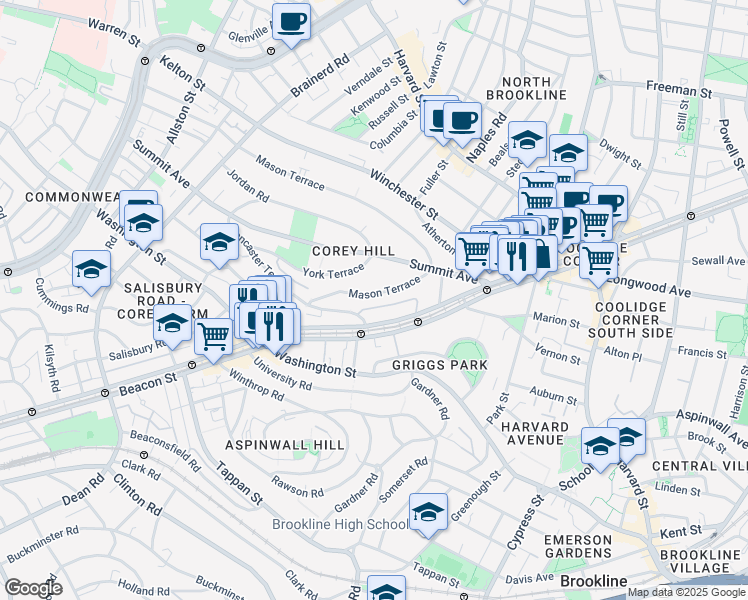 map of restaurants, bars, coffee shops, grocery stores, and more near 1514 Beacon Street in Brookline