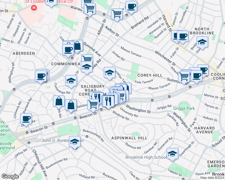 map of restaurants, bars, coffee shops, grocery stores, and more near 750 Washington Street in Brookline