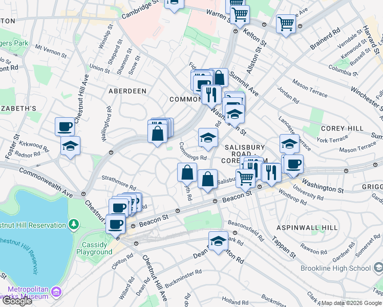 map of restaurants, bars, coffee shops, grocery stores, and more near 11 Cummings Road in Boston
