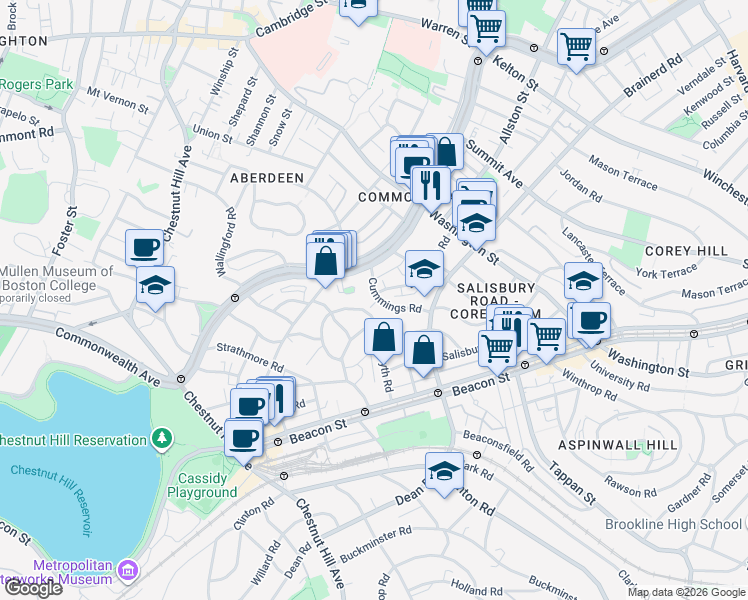 map of restaurants, bars, coffee shops, grocery stores, and more near 36 Cummings Road in Boston