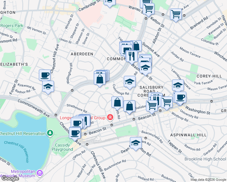 map of restaurants, bars, coffee shops, grocery stores, and more near 36 Cummings Road in Boston