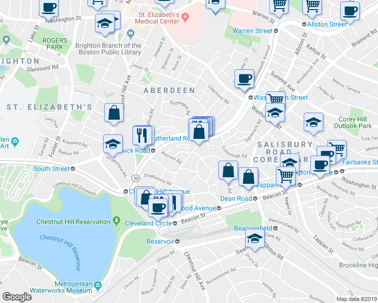 map of restaurants, bars, coffee shops, grocery stores, and more near 98 Lanark Road in Boston