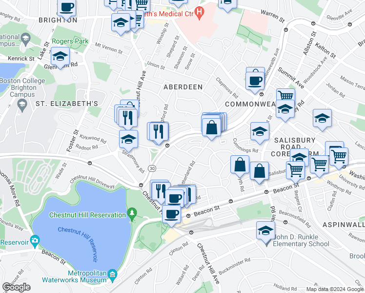 map of restaurants, bars, coffee shops, grocery stores, and more near 8 Kinross Road in Boston
