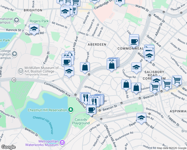 map of restaurants, bars, coffee shops, grocery stores, and more near 6 Kinross Road in Boston