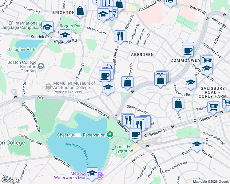 map of restaurants, bars, coffee shops, grocery stores, and more near 186 Chestnut Hill Avenue in Boston