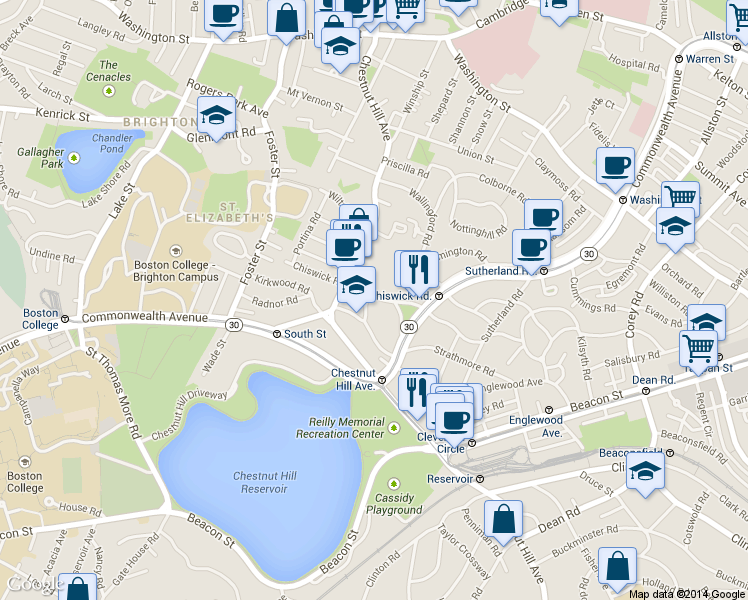 map of restaurants, bars, coffee shops, grocery stores, and more near 186 Chestnut Hill Avenue in Boston