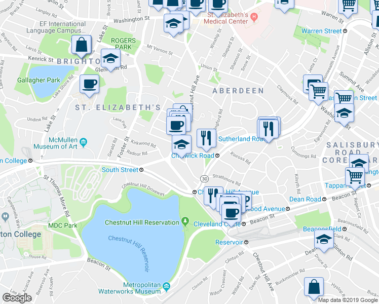 map of restaurants, bars, coffee shops, grocery stores, and more near 186 Chestnut Hill Avenue in Boston
