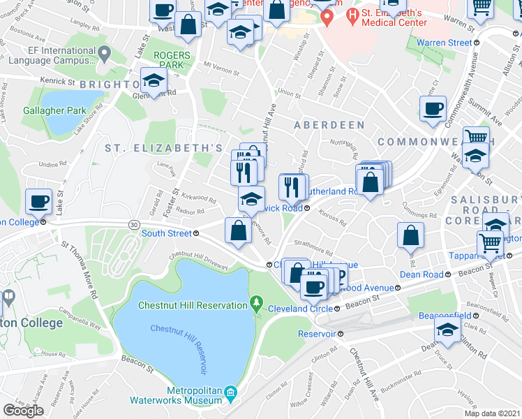 map of restaurants, bars, coffee shops, grocery stores, and more near 186 Chestnut Hill Avenue in Boston