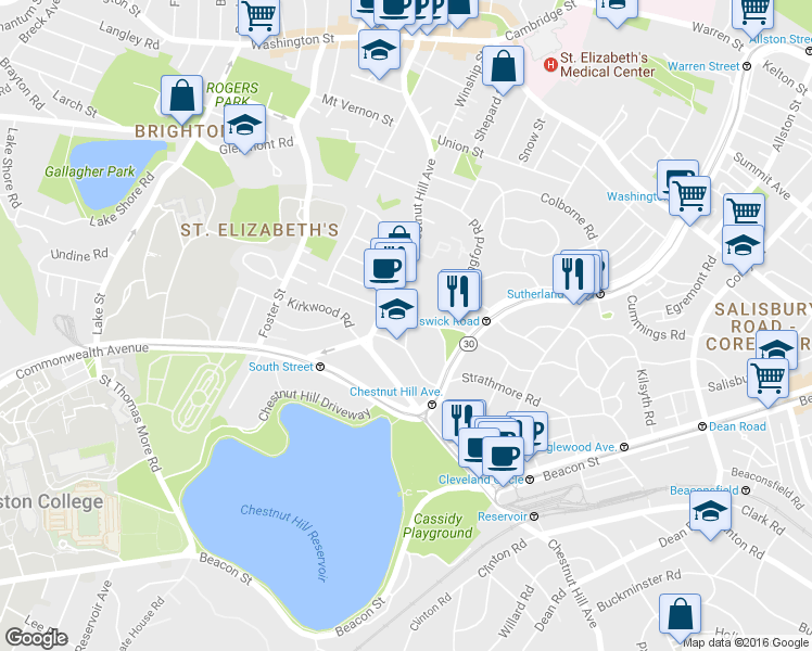 map of restaurants, bars, coffee shops, grocery stores, and more near 186 Chestnut Hill Avenue in Boston