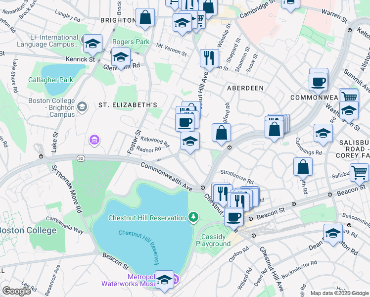map of restaurants, bars, coffee shops, grocery stores, and more near 186 Chestnut Hill Avenue in Boston