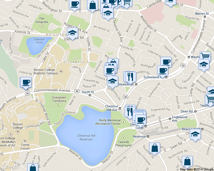 map of restaurants, bars, coffee shops, grocery stores, and more near 217 Chestnut Hill Avenue in Boston