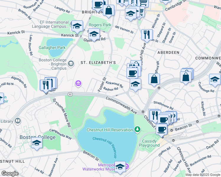 map of restaurants, bars, coffee shops, grocery stores, and more near 15 Radnor Road in Boston